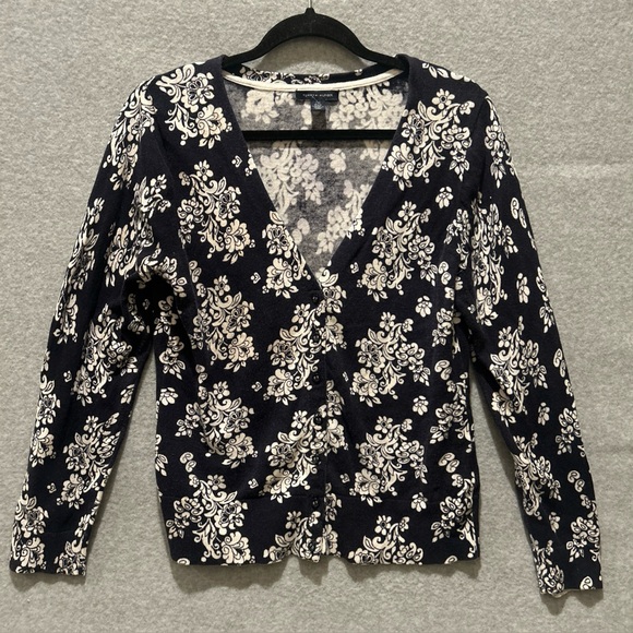 Tommy Hilfiger Navy Blue and white floral Patterned knit button up cardigan LG - Picture 1 of 7